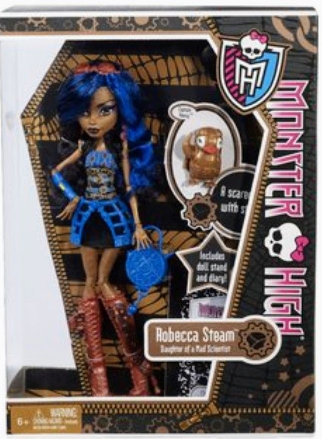 a doll with blue hair and boots in a box