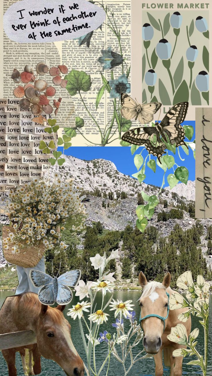 a collage of flowers, plants and two horses