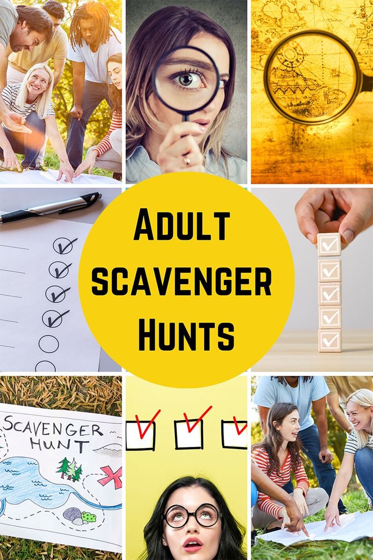 the words adult scavenger hunt are surrounded by images of people