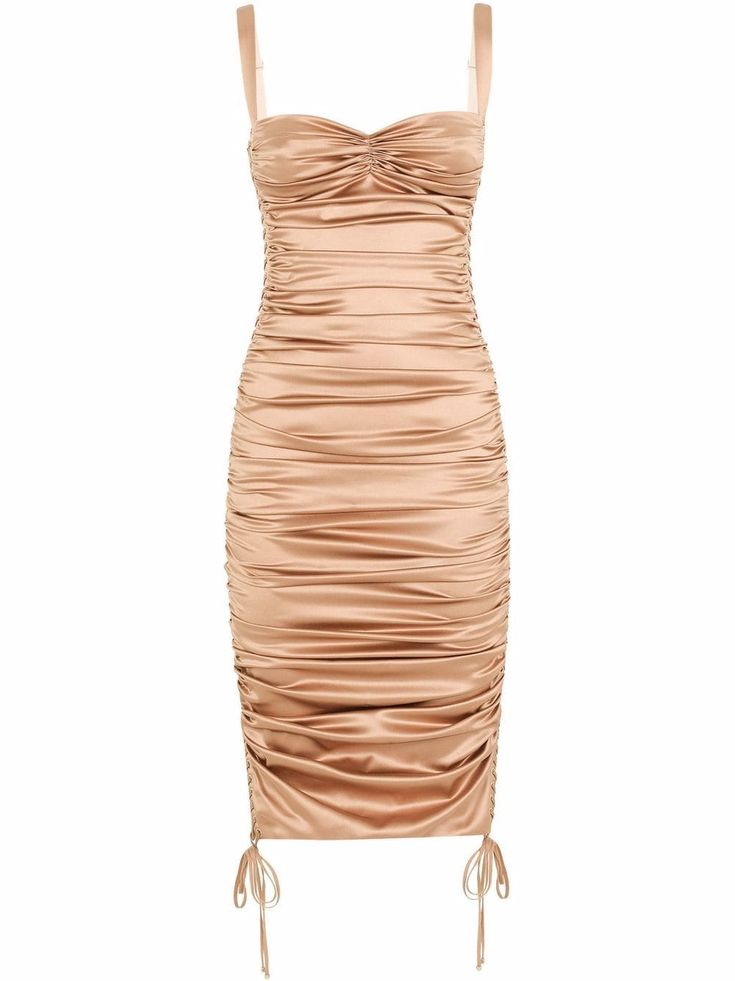 Beige silk-blend ruched mid-length dress from DOLCE & GABBANA featuring adjustable shoulder straps, concealed rear zip fastening, ruched detailing and side drawstring fastening. | Dolce & Gabbana Ruched Mid-Length Dress Luxury Ruched Midi Dress, Luxury Draped Midi Dress, Luxury Ruched Draped Dress, Gold Ruched Draped Dress, Gold Dress Farfetch, Beige Silk, Designer Cocktail Dress, Dolce Gabbana Dress, Fashion Life