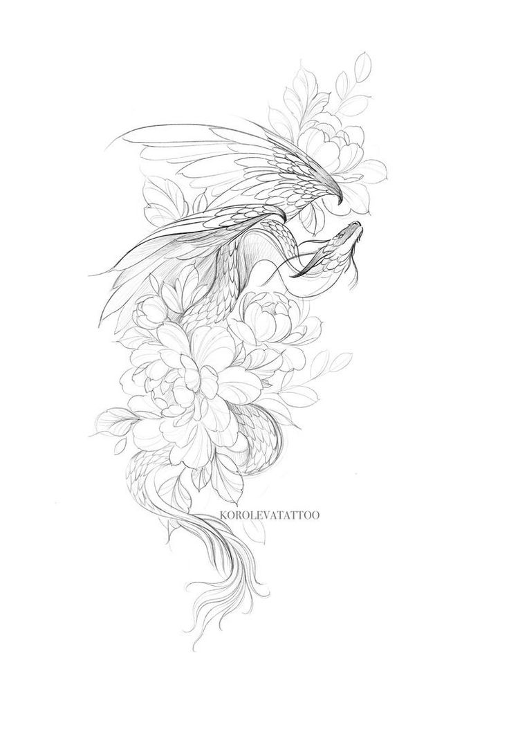 a black and white drawing of a dragon with flowers on it's back side