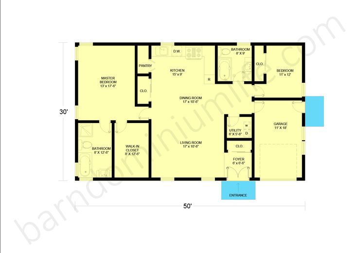 the floor plan for an apartment with three bedroom and two bathrooms, including one living room