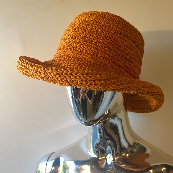 Scala Gal Brand Summer Sun Hat 14" Diameter Relaxed Brim - Orange 100% Paper Made In China Never Worn Excellent Condition Fitted Wide Brim Crochet Hat For Summer, Fitted Wide Brim Crochet Summer Hat, Fitted Crochet Bucket Hat For Summer, One Size Short Brim Cloche Hat For Beach, One Size Short Brim Cloche Hat For The Beach, One Size Beach Cloche Hat With Short Brim, Fitted Brimmed Crochet Hat For Beach, Fitted Brimmed Crochet Hat For Summer, Yellow Fitted Beach Hat