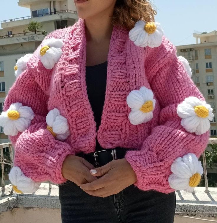 COLOR: pink (different colors can be knitted upon order.) PATTERN: daisy SIZE: xs. s. m. l (size xl. xxl can be knitted upon order.) LENGTH: 50cm 55cm (can be knitted to the desired length upon order.) AREA OF USE: daily use and can be given as a gift WASHING INSTRUCTIONS: short program at low temperature PACKAGING: safe packaging and gift wrap SHIPPING: safe cargo company and on-time delivery This special cardigan is a quality cardigan, carefully hand-knitted. A thick soft pink yarn is used for Knitted Long Sleeve Cardigan For Spring, Long Sleeve Knitted Cardigan For Spring, Spring Long Sleeve Knitted Cardigan, Spring Cotton Knit Outerwear, Cozy Knitted Cardigan For Spring, Fitted Chunky Knit Spring Cardigan, Fitted Chunky Knit Cardigan For Spring, Pink Spring Cardigan, Pink Sweater Coat For Spring