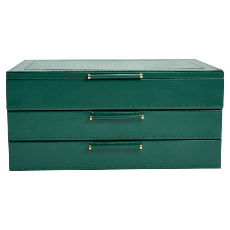 two green leather boxes with brass handles