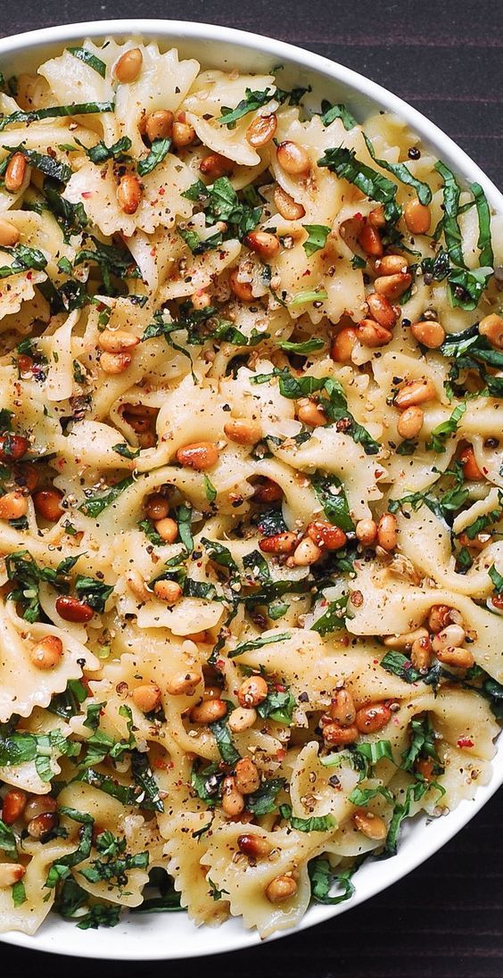 Parmesan Bow-Tie Pasta with Pine Nuts, Fresh Basil, and Lemon Garlic Butter Sauce on a plate. Pine Nuts Pasta, Lemon Garlic Butter Sauce, Lemon Garlic Pasta, Basil Pasta, Garlic Butter Sauce, Pasta Dinners, Pasta Dinner Recipes, Bowtie Pasta, Butter Sauce