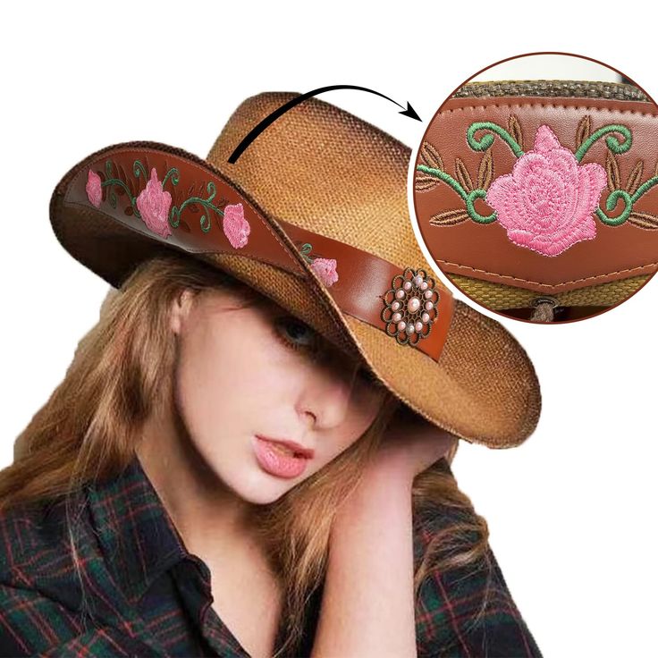 PRICES MAY VARY. 【PREMIUM MATERIAL】This breathable brown cowgirl hat uses Durable Raw Straw & Synthetic Material. 【SIZE】One Size Fits Most (Adjustable windbreak rope，Stretch To Fit & Hat Stick，Fixed to Fit Small Head Circumference) 【Fashion Design】This Cowboy Hat for Women uses handmade peony embroidery craft as a result the cowgirl hat looks delicate and unique.Mental Nail Beadings let your western hat fit country music style than others. 【APPLICABLE OCCASIONS】Straw cowboy hats for women can be Straw Cowboy Hats For Women, Brown Cowgirl Hat, Western Hats For Women, Cowboy Hats For Women, Peony Embroidery, Straw Cowgirl Hat, Music Festival Party, Western Festival, Country Music Festival