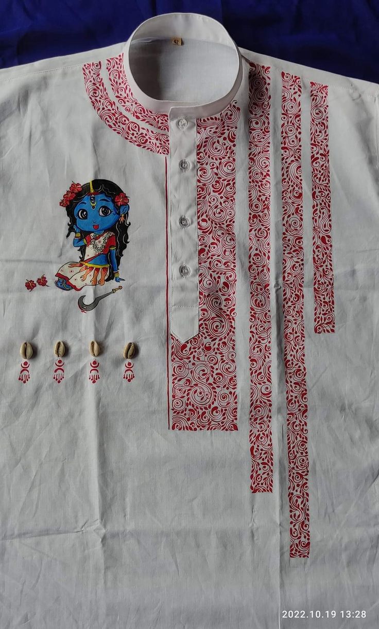 Art On Panjabi, Saree Art Painting, Febric Penting Punjabi, Alpona Design On Saree, Kolka Design On Punjabi, Blouse Kolka Design, Panjabi Art Design For Men, Panjabi Handpaint Design, Fabric Design On Punjabi