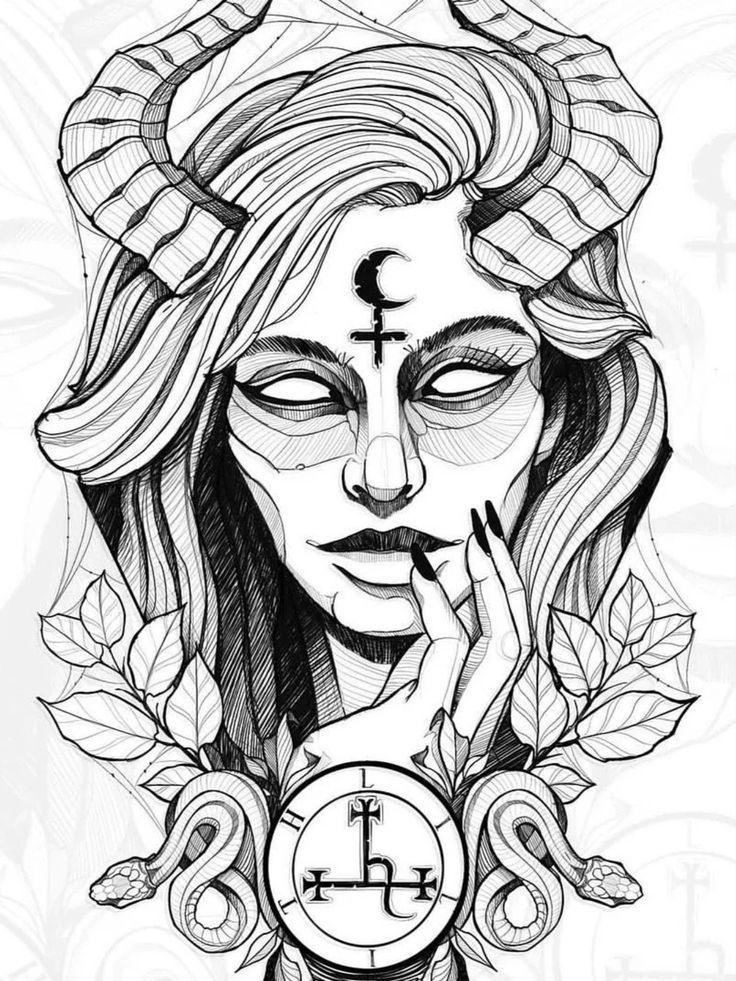 a drawing of a woman holding a clock in her hand and wearing horns on her head