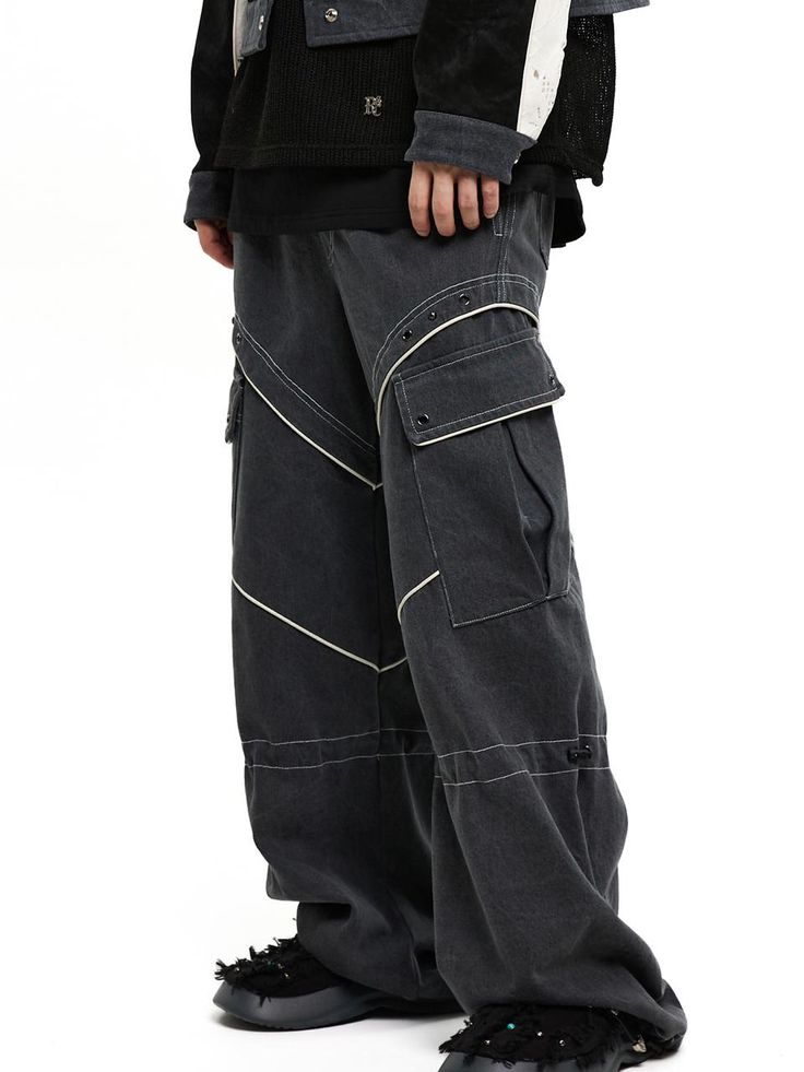 This is a casual and denim cargo pants that is made out of high quality cotton 100% fabric. With design detail of bio and sand washed vintage denim fabric and relaxed silhouette with elastic waistband, it gives a comfortable and trendy mood.- Adjustable string and stopper on the knee and hem- Leather piping and rivets detail- Double stitches for high durability- Bio and sand washed fabric Washed Black Cargo Jeans With Hip Pockets, Baggy Cargo Style Washed Black Jeans, Gray Cotton Utility Cargo Jeans, Urban Style Gray Cargo Pants For Streetwear, Urban Gray Cargo Pants For Streetwear, Gray Urban Cargo Pants For Streetwear, Utility Cargo Pants With Contrast Stitching For Streetwear, Casual Cotton Cargo Jeans With Contrast Stitching, Utility Style Washed Black Relaxed Fit Cargo Jeans