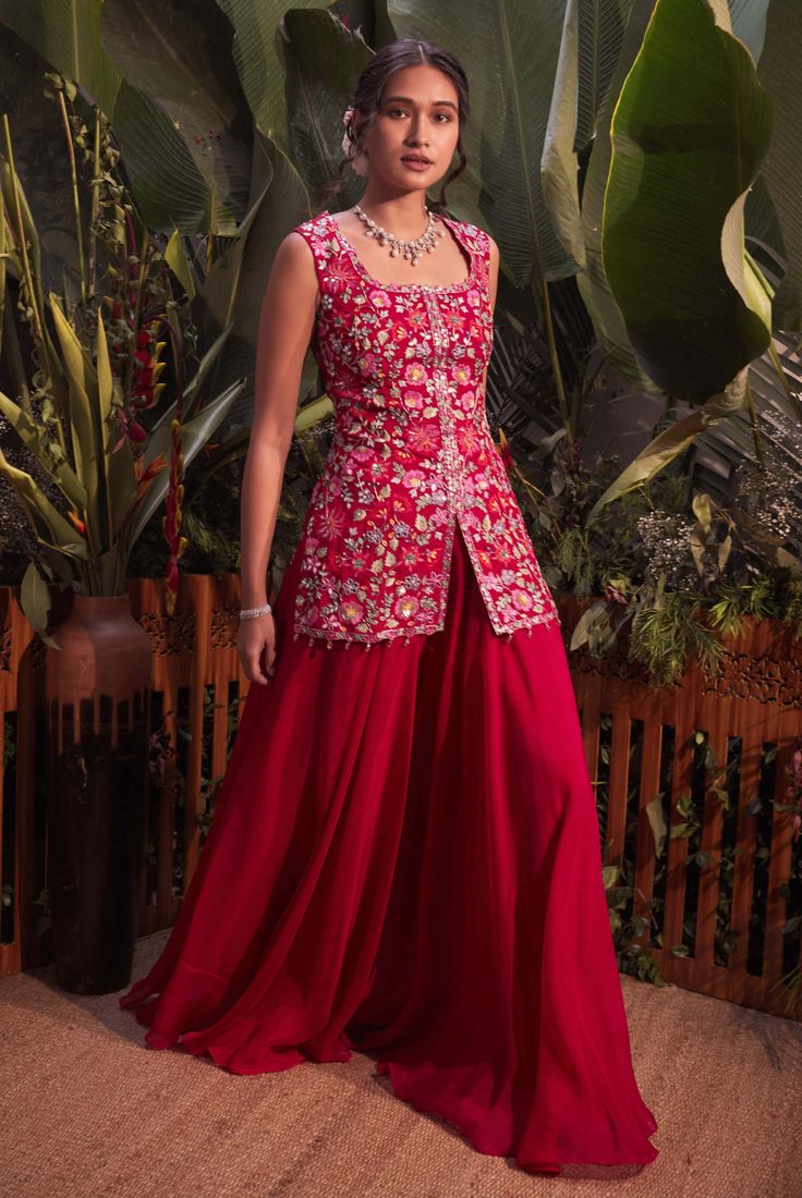 Aneesh Agarwaal-Red Princess Kurta With Sharara-INDIASPOPUP.COM Aneesh Agarwaal, Flowy Silhouettes, Kurta With Sharara, Sharara Designs, Function Dresses, Red Princess, Diwali Outfits, Trendy Outfits Indian, Short Kurta