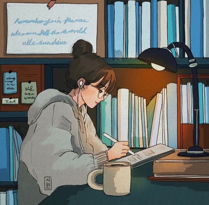 a woman sitting at a desk writing in front of a book shelf filled with books