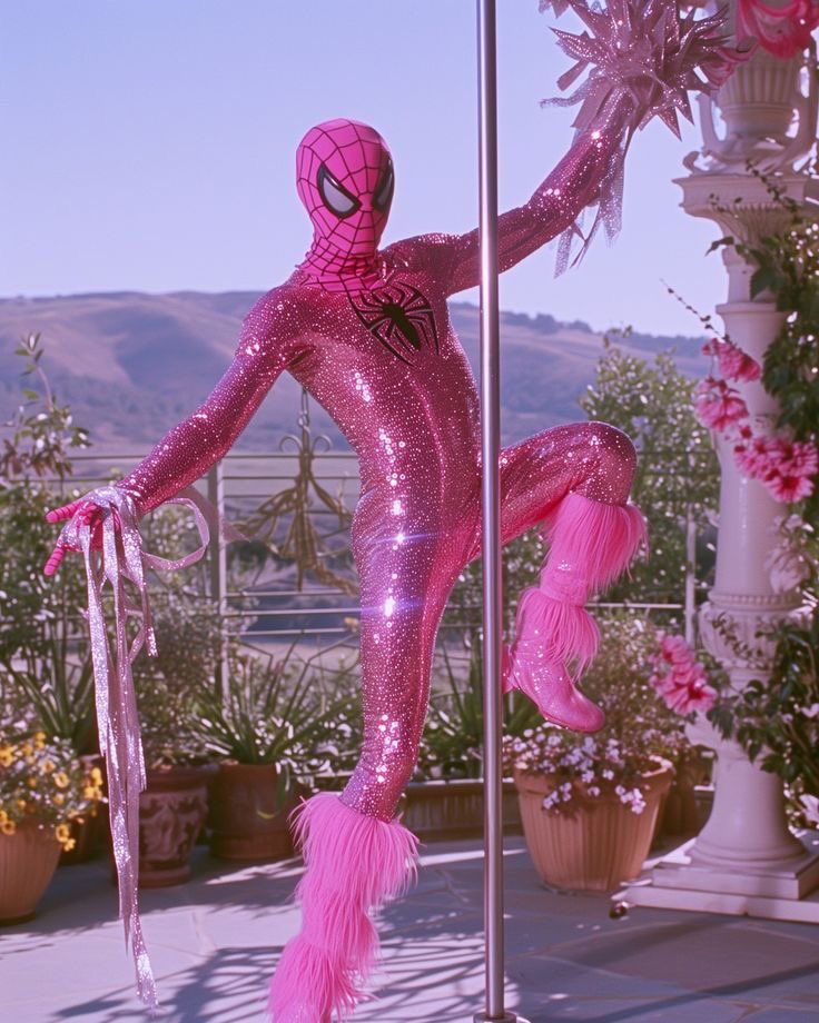 a pink spiderman costume on display in front of a building with potted plants