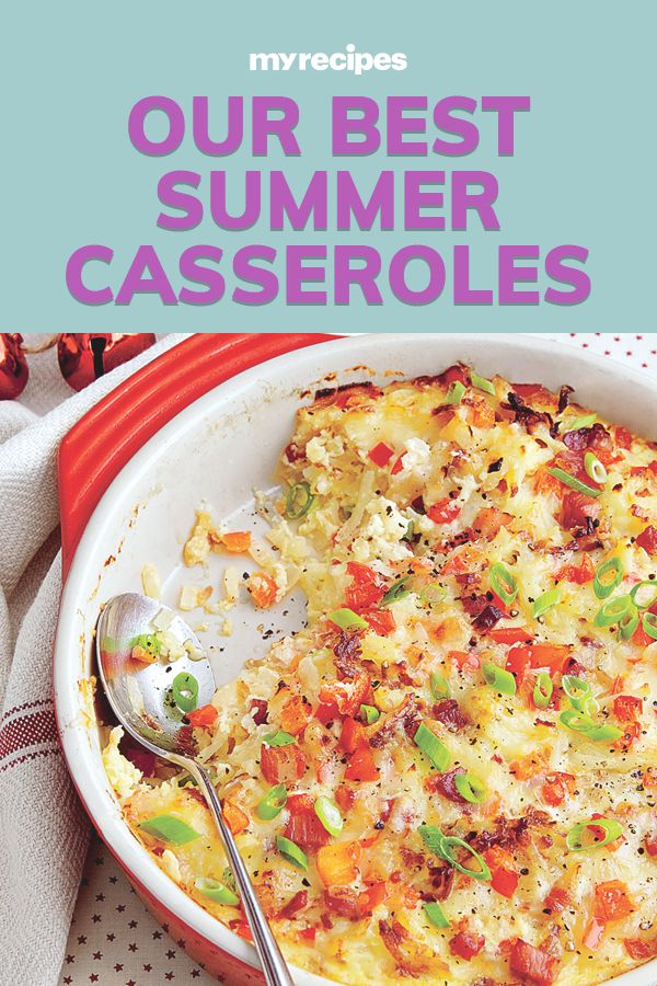 a casserole in a red dish with a spoon on it and the words myrecipes our best summer casseroles