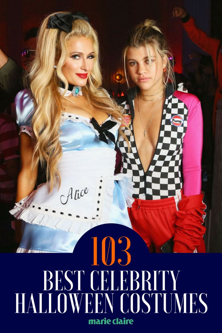 two women dressed in costumes posing for the camera with text overlay that reads 103 best celebrity halloween costumes