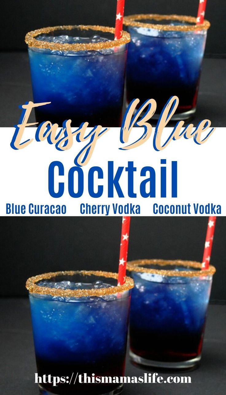 three glasses filled with blue liquid and topped with gold rims, the text reads patriotic cocktail