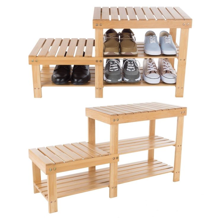 two wooden shelves with shoes on them