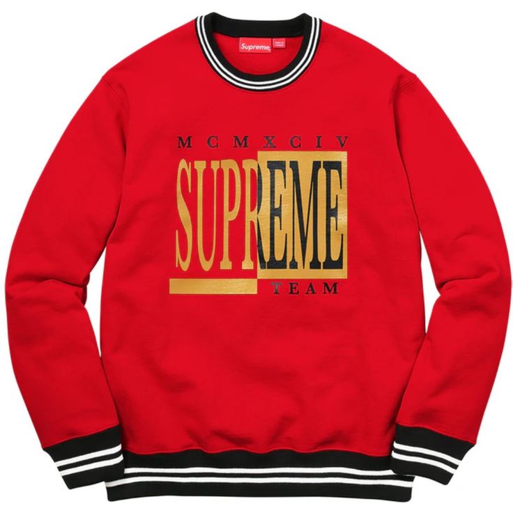 - New / Unworn - Classic Red Heavy-Knit 100% Cotton Fleece - Black And Gold 'Supreme Team' Logo Print On Front - Black And White Striped Trim - Crewneck, Long Sleeves, Ribbed Cuffs - Classic Fit - Made In Canada - Comes In Original Bag With Tags Intact - Men's Size Medium Purchased In Fall 2017 At Supreme Store In Nyc (As Shown In Last Photo). Guaranteed 100% Authentic And Genuine. Also Comes With Supreme Sticker And Other Freebies! Crew Neck Sweater With Logo For Streetwear, Winter Crew Neck Top With Logo, Red Crew Neck Sweater With Ribbed Cuffs, Logo Detail Tops For Streetwear In Fall, Winter Streetwear Tops With Logo Detail, Logo Detail Tops For Fall Streetwear, Fall Streetwear Tops With Logo Detail, Red Crew Neck Top With Ribbed Cuffs, Red Logo Print Sweatshirt For Fall