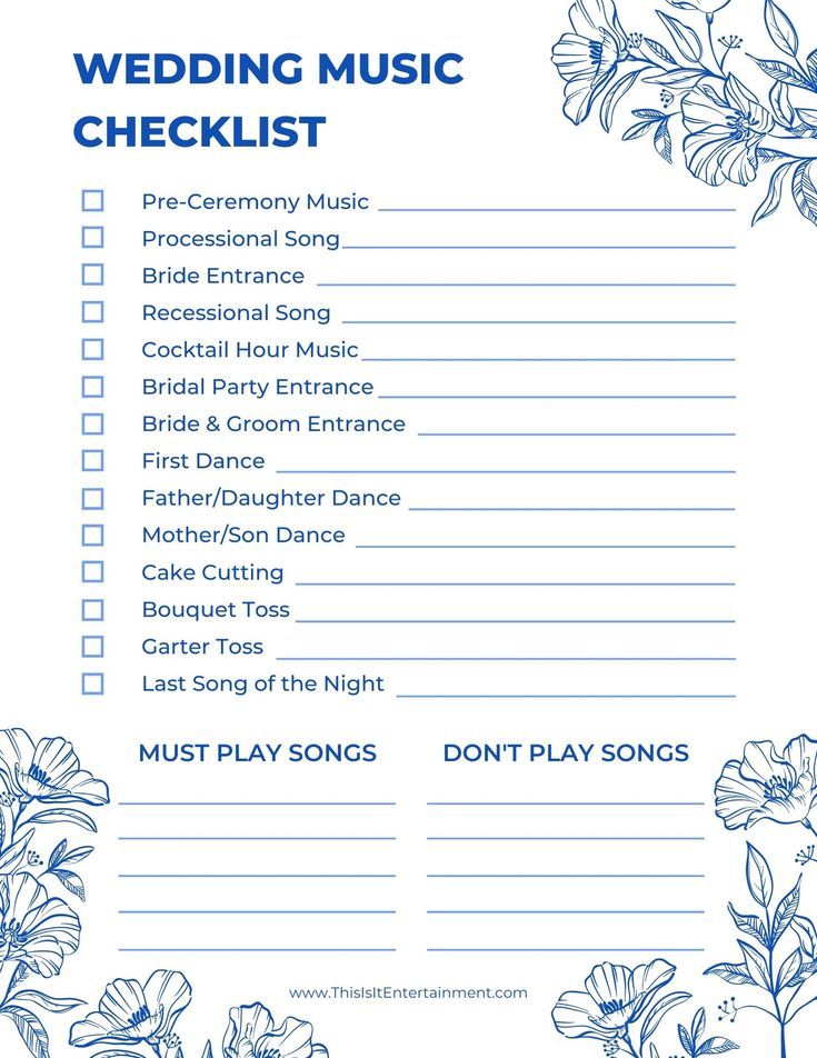 the wedding music checklist is shown in blue and white, with flowers on it