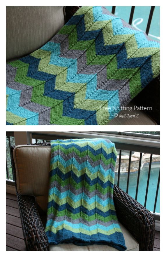 two pictures showing the same blanket on a chair, one with a blue and green chevron