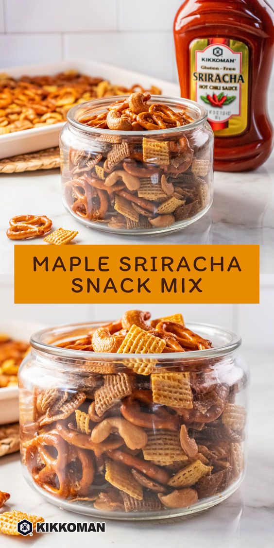 two glass containers filled with maple sricha snack mix