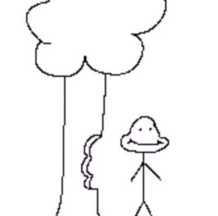 a drawing of a person walking next to a tree with a hat on his head