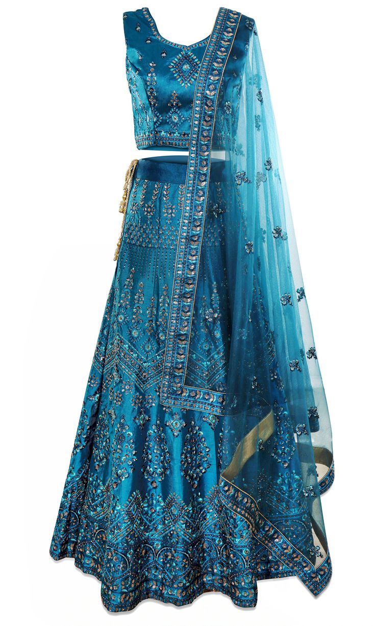 Teal Blue Lehenga Made out of silk, blue thread work and champagne gold sequins, and net dupatta. Teal Blue Lehenga, Peacock Wedding Dresses, Blue Lengha, Mens Indian Wear, Wedding Dresses Indian, Cyan Colour, Western Wear Dresses, Blue Lehenga, Peacock Wedding