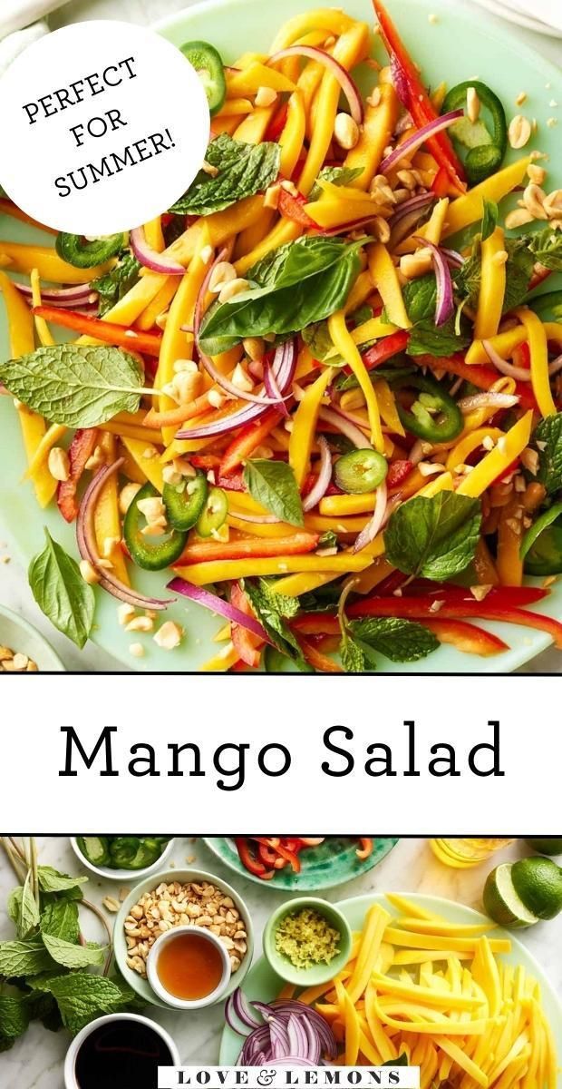 mango salad on a green plate with ingredients around it and the words perfect for summer