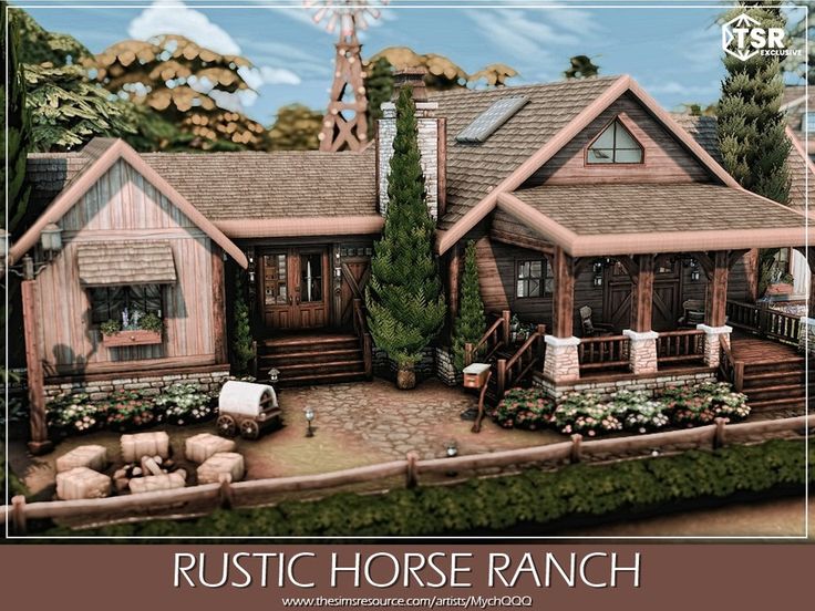 this is an artist's rendering of a rustic horse ranch with sheep in the front yard