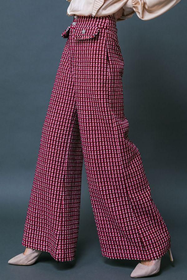 Tweed Wide Leg Pearl Button Plaid Pants Brand: Flying Tomato Style: IP8039 Fabric: 100% Polyester Details: A tweed pant featuring high waist, front button zipper closure, two front faux pockets and wide leg Chic Plaid Wide Leg Pants, Plaid Tweed Bottoms For Fall, Elegant Plaid Wide-leg Pants, Fall Houndstooth Wide Leg Pants, Chic High-waisted Plaid Pants, Chic Wide Leg Bottoms With Houndstooth Pattern, Wide-leg Plaid Pants With Houndstooth Pattern, Chic Plaid Houndstooth Pants, Fall Plaid High-waisted Wide Leg Pants