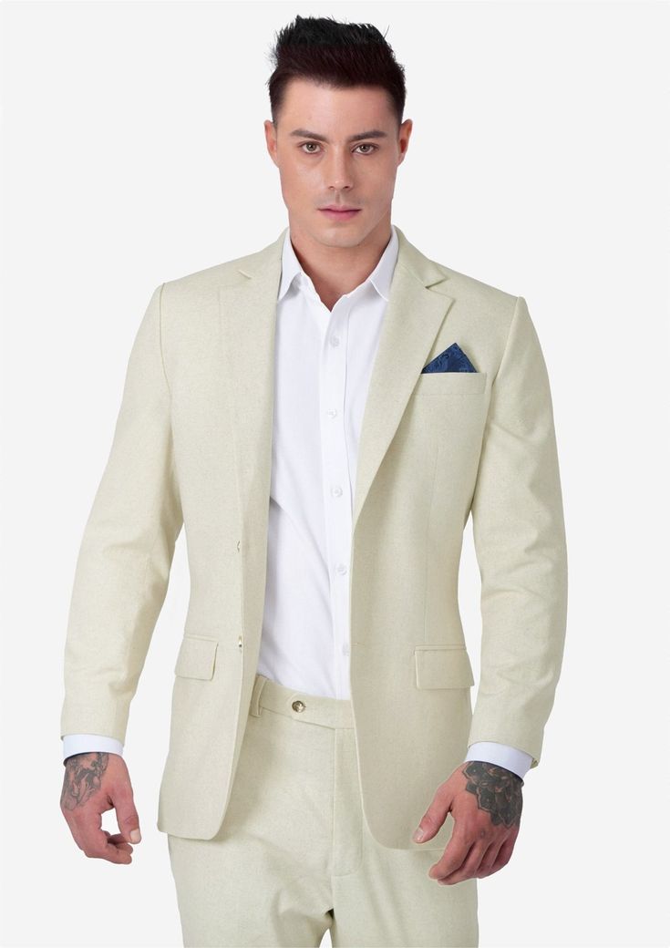 Astor Sand Linen Suit - SARTORO Semi-formal Beige Linen Blazer, Summer Linen Blazer With Welt Pockets, Beige Linen Suit With Welt Pockets, Beige Linen Suits With Welt Pockets, Casual Linen Suits For Summer, Summer Linen Business Suits, Casual Linen Summer Suits, Tailored Linen Summer Suits, Tailored Linen Summer Blazer