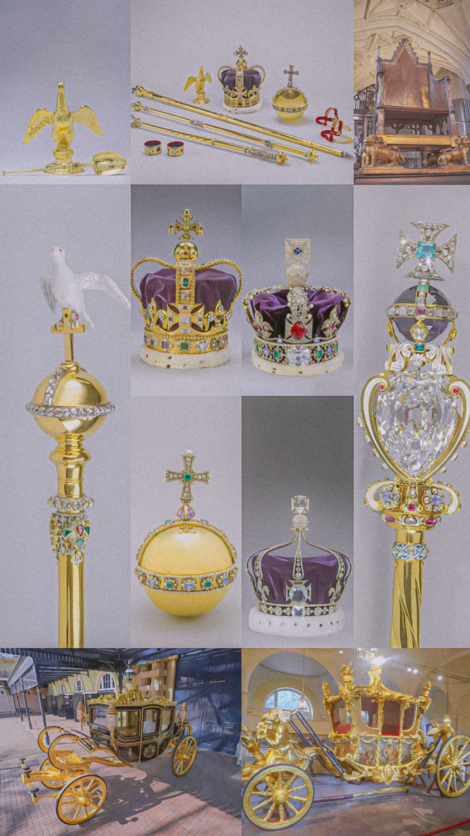 many different types of gold and silver items are shown in this collage, including an elaborate carriage