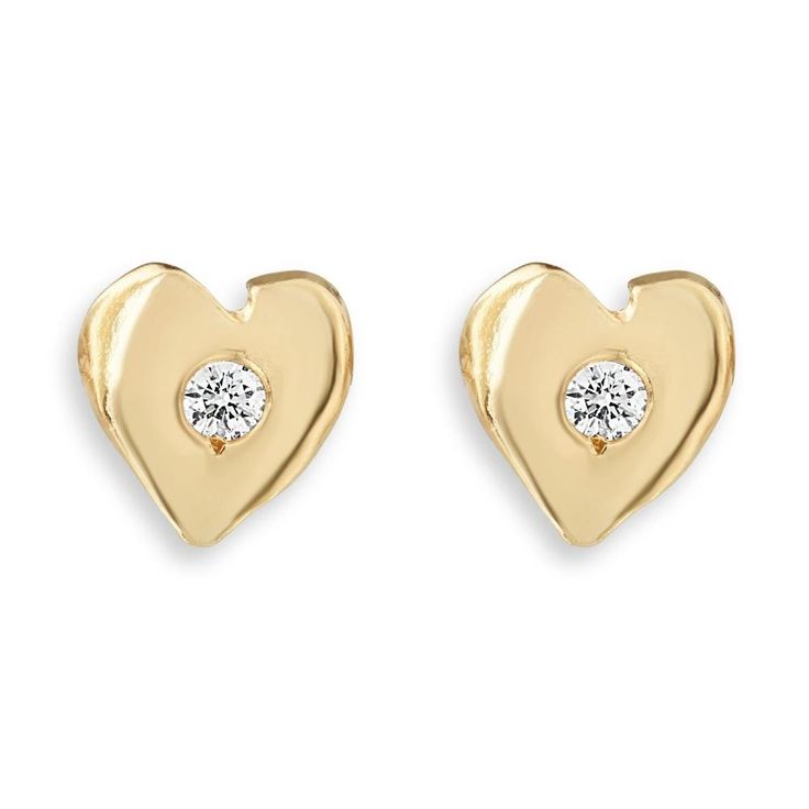 Heart Stud Earrings With Diamond - 14k Yellow Gold - Helen Ficalora 14k Gold Round Earrings With Heart Charm, 14k Gold Earrings With Heart Charm, Heart Cut Yellow Gold Earrings For Anniversary, Yellow Gold Heart Pendant Earrings For Anniversary, Yellow Gold Heart Earrings With Prong Setting For Gift, Valentine's Day Yellow Gold Earrings With Prong Setting, Heart Charm Round Earrings For Anniversary, Anniversary Earrings With Heart Charm, Yellow Gold Diamond Heart Earrings For Anniversary