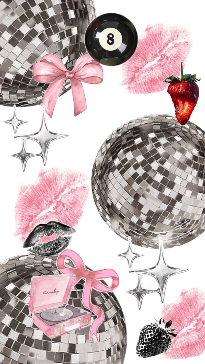 a drawing of a disco ball with pink decorations and a strawberry on top, next to other items