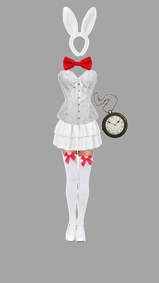 a woman dressed in white and red is standing next to an alarm clock with bunny ears on her head