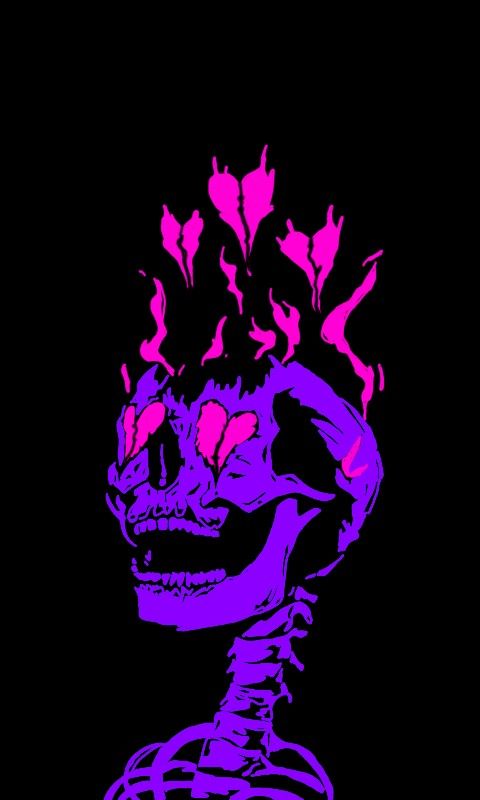 a skull with flowers on its head in purple and pink ink, against a black background