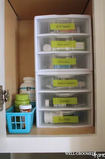 the drawers are organized and labeled with labels