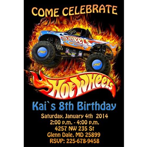 a birthday card with a monster truck on fire