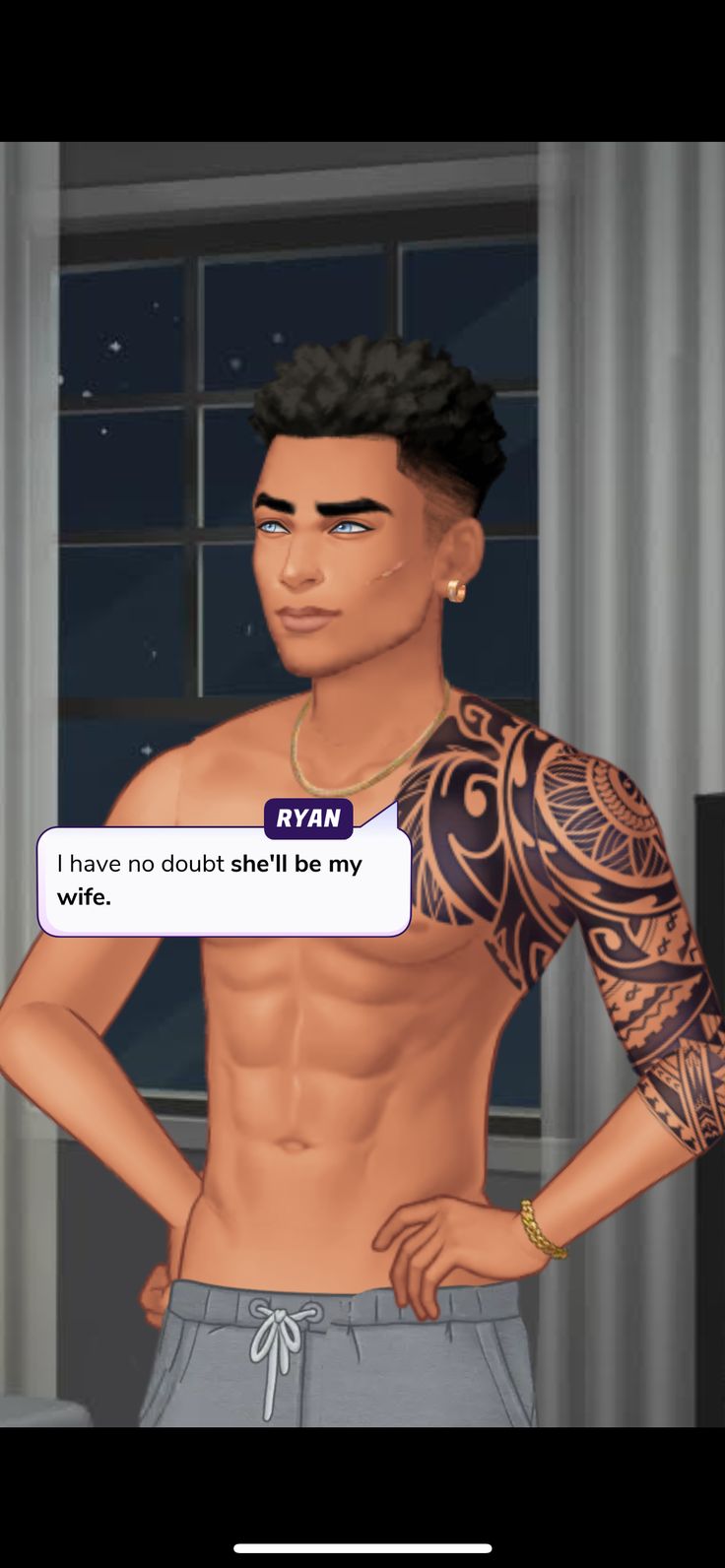 an animated image of a man with tattoos on his arms and chest, standing in front of a window