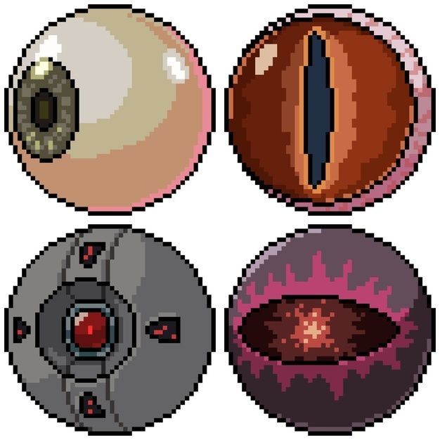 four different types of eyeballs in pixel style, each with an individual's eyeball