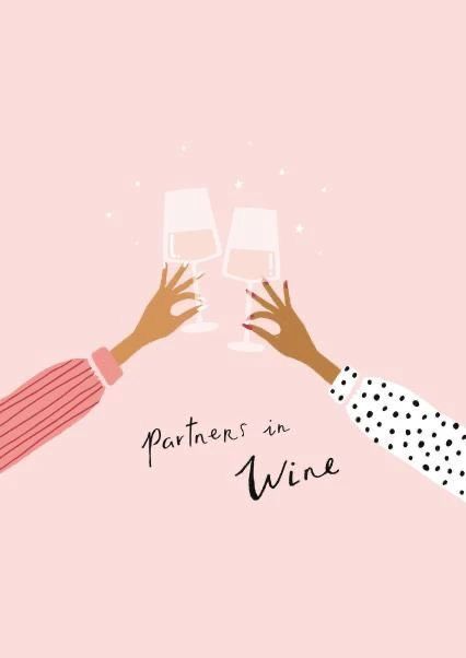 two hands toasting with wine glasses on top of each other, against a pink background