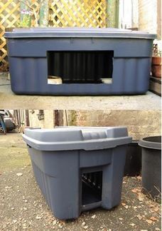 before and after pictures of an outdoor dog house made out of plastic containers, with the bottom half removed