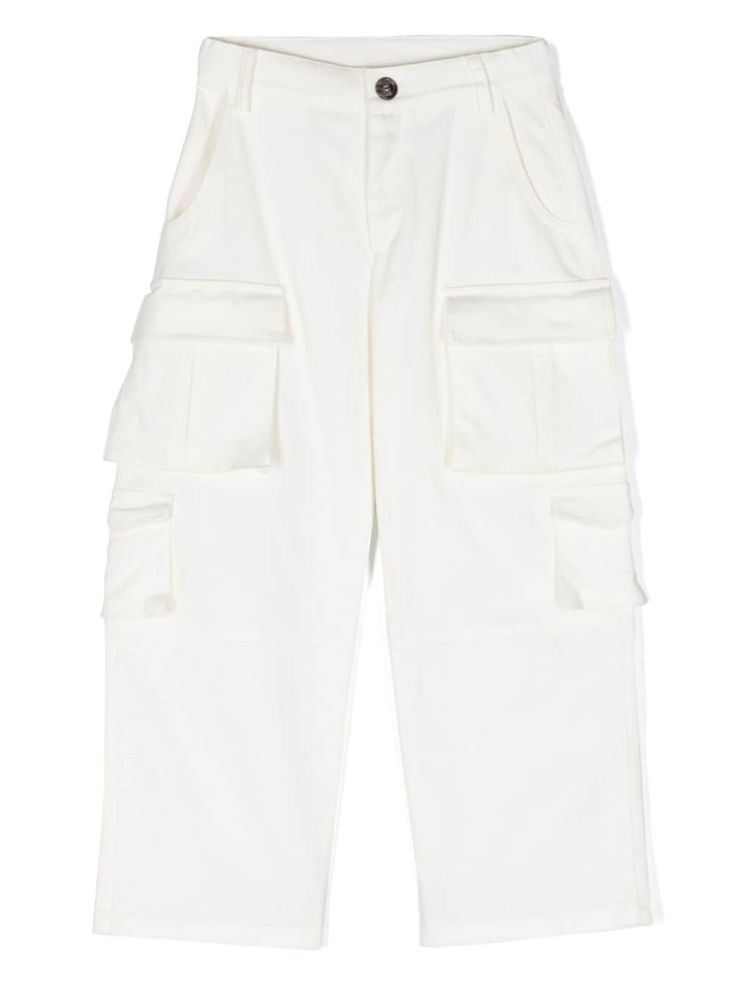 white stretch-cotton logo print to the rear straight leg mid-rise concealed fly and button fastening belt loops two diagonal pockets to the sides multiple cargo pockets straight hem White Cargo Pants, Trousers White, Trousers Men, Boys Bottoms, Kenzo Kids, Stella Mccartney Kids, Cotton Logo, Casual Trousers, Cargo Trousers