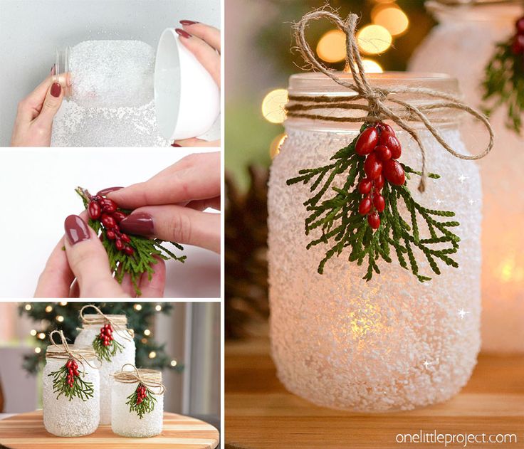 christmas decorations in mason jars with lights and pine branches on them, then decorated with red berries