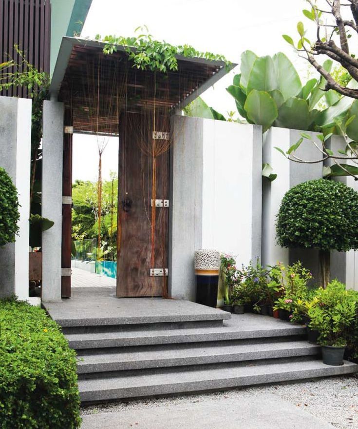 an entrance to a house with steps leading up to it and plants growing on either side