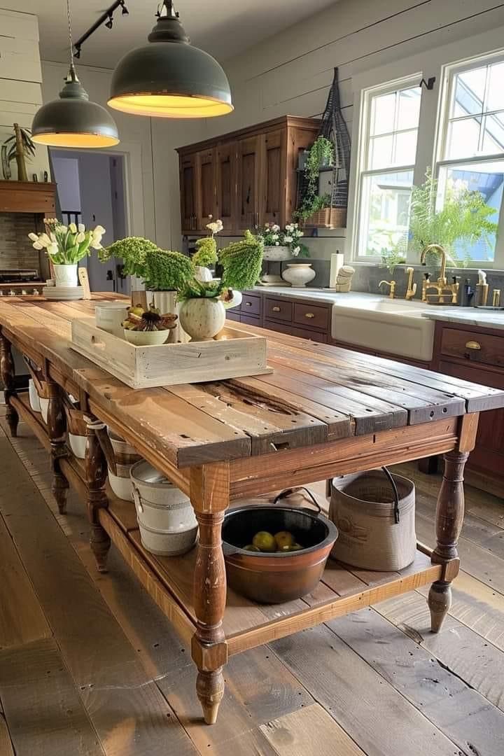 a kitchen island with potted plants on it