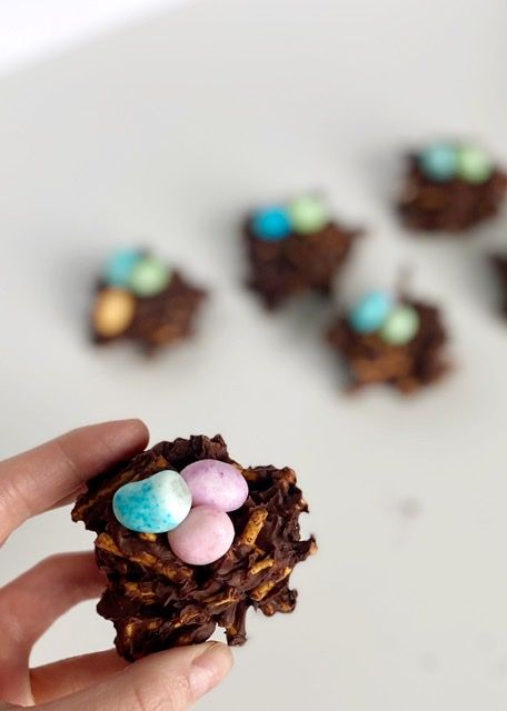 a hand holding a chocolate bird's nest with candy eggs