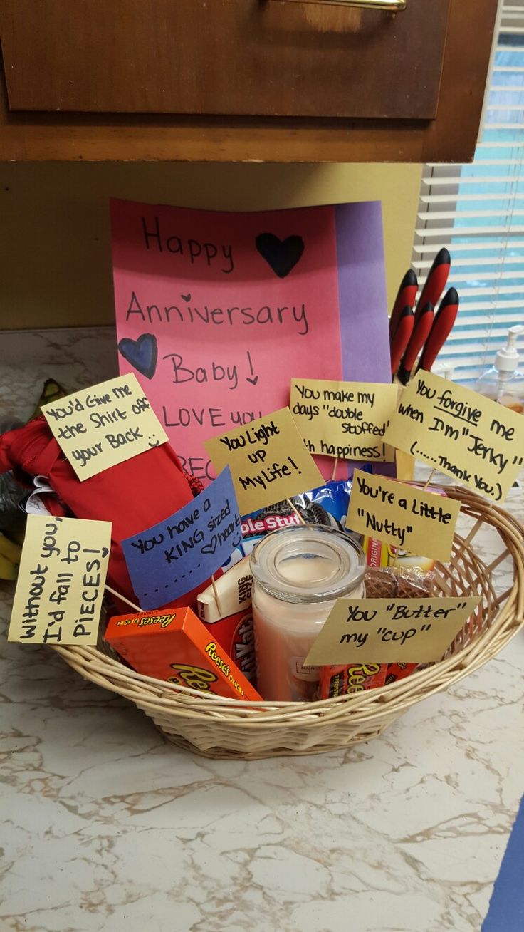 a basket filled with lots of different items on top of a counter next to a sign that says happy anniversary