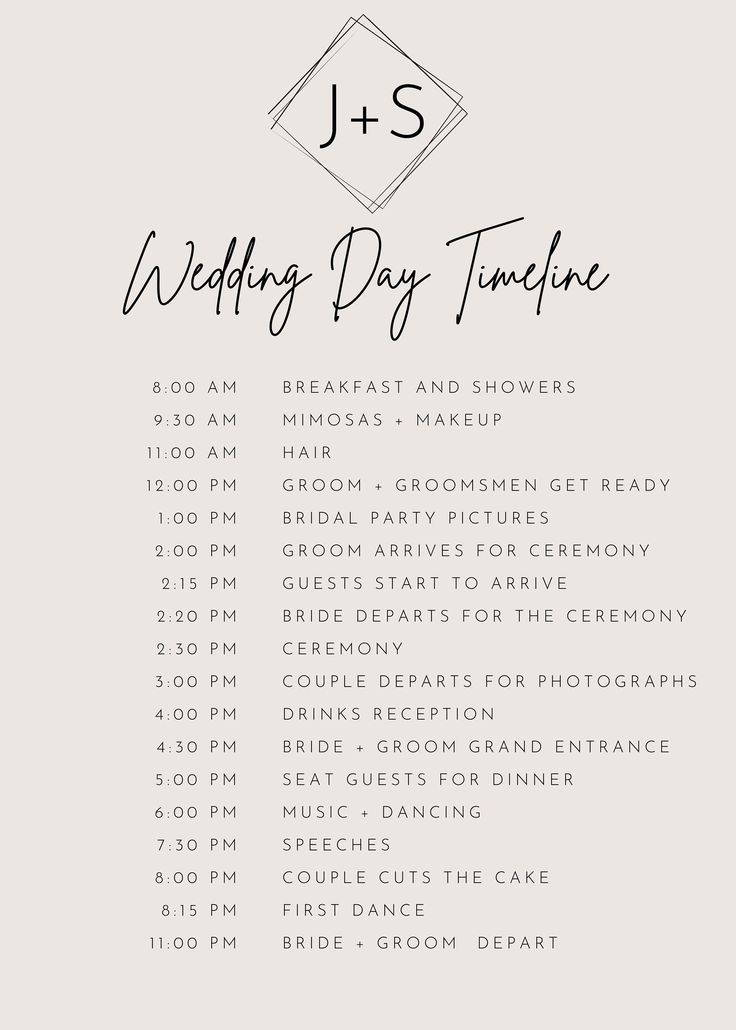 the wedding day schedule is shown in black and white