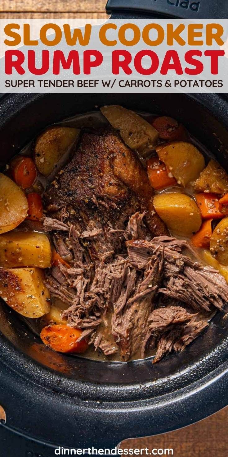 slow cooker roast with beef, potatoes and carrots in the crock pot